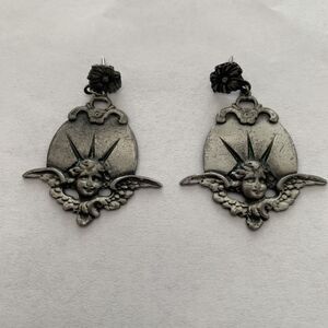 Vintage Angel Cherub Silver Tone Metal Dangle Earrings